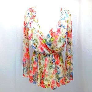 Pink Owl Long Sleeve Romper Vibrant Multi-Colored Floral Pattern Boho Medium